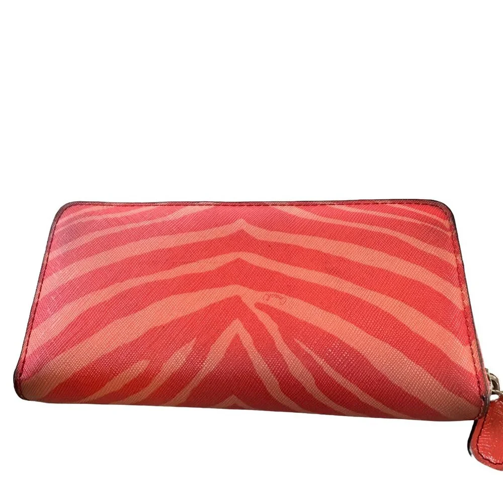 Coach Zebra Animal Print Wallet Coral Color Accordian Zip Around - Picture 3 of 8
